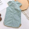 Green Plaid Girls Chinese Style Vintage Cheongsam Dress Summer Floral Hanfu Clothing Dress