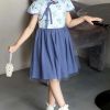 Blue Girls Retro Cheongsam Dress Chinese style Flower Summer Gauze Dress Princess