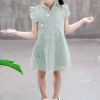 Green Summer Girls' Dress Ruffle Sleeve Chinese Style Cheongsam Dress Lace Princess Dress